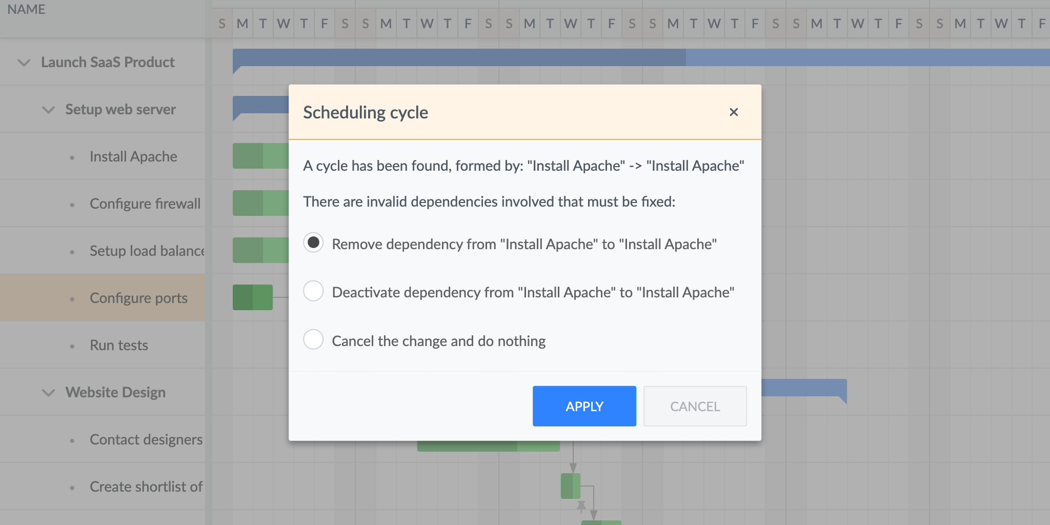 Gantt showing the new conflict resolution popup with options to resolve a scheduling cycle