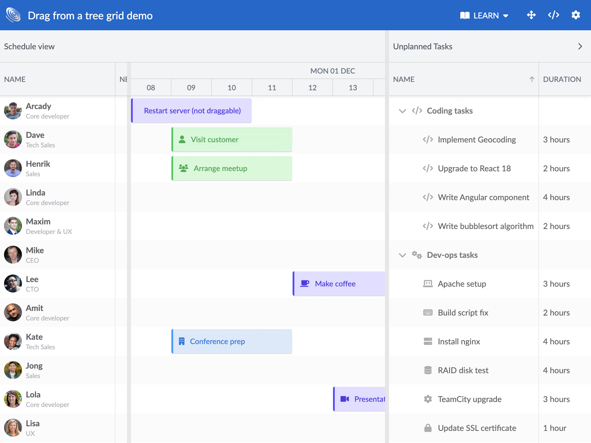 The new Drag from tree demo in Scheduler