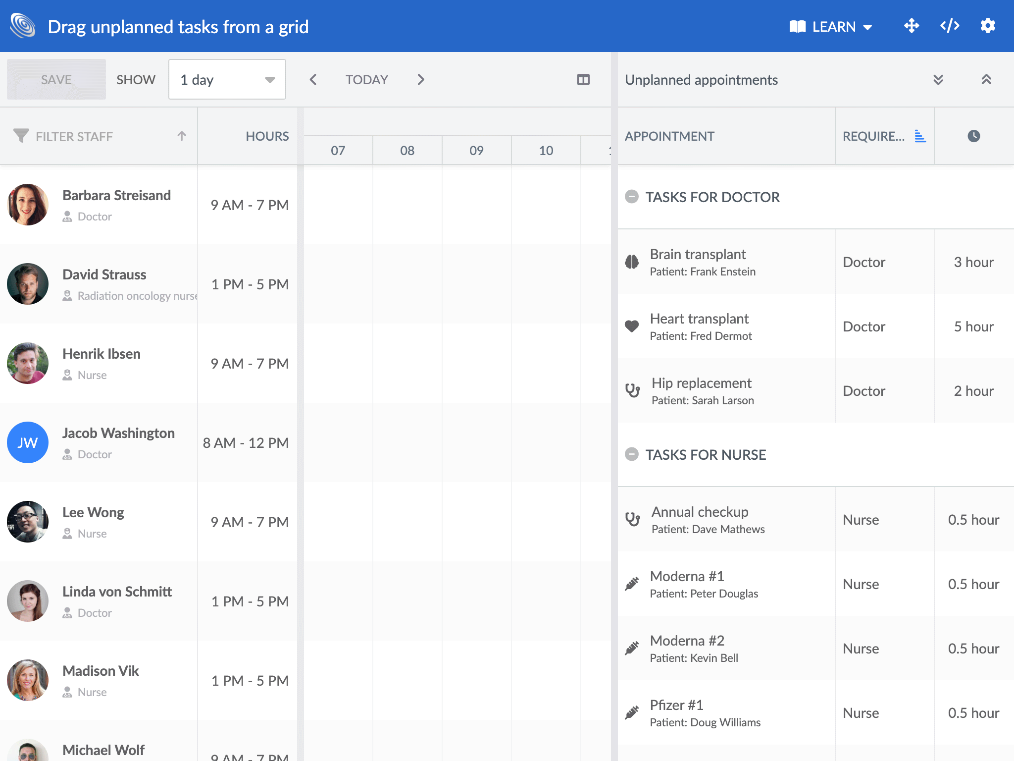 The new drag unplanned tasks from a grid demo in Scheduler Pro