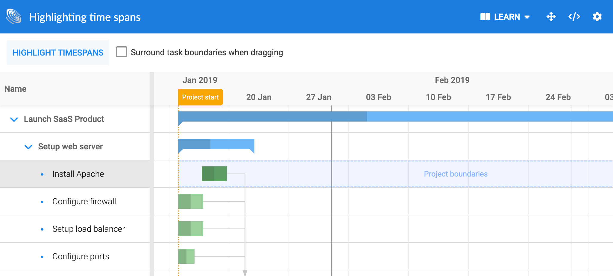Gantt with project boundaries highlighted for the dragged task