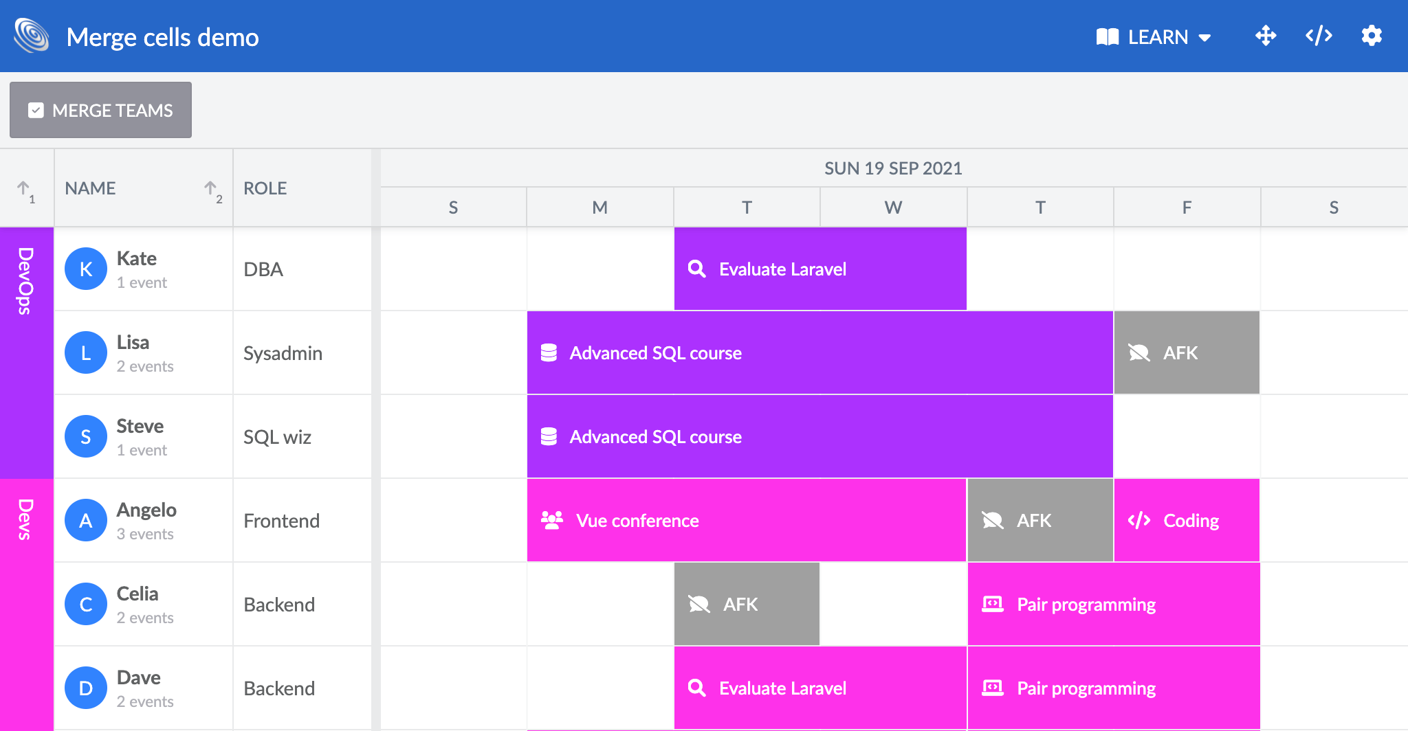 The MergeCells feature used in Scheduler to merge cells with team names